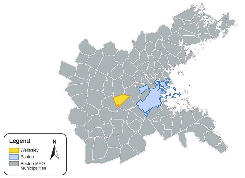 Figure 1 - Wellesley within the Boston MPO Region. A map of the Boston MPO Region that highlights the location of the Town of Wellesley relative to the City of Boston.